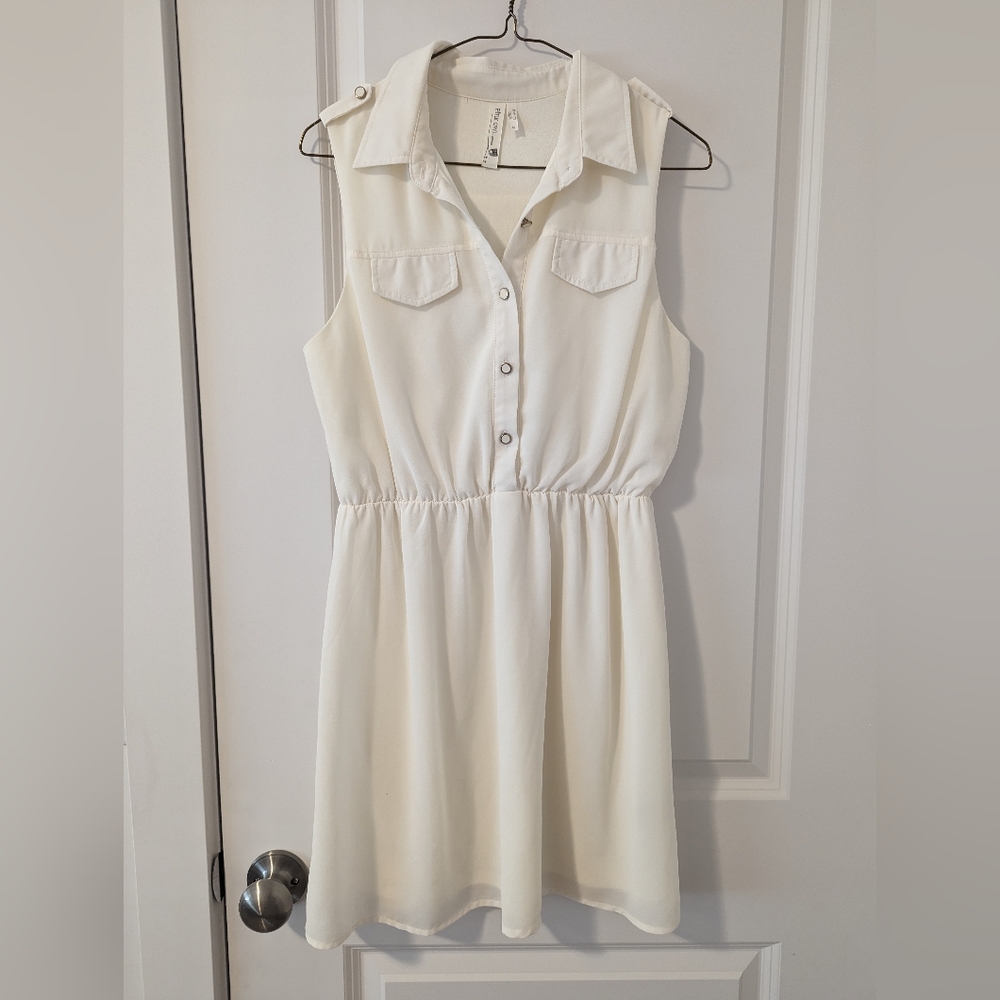 Pink Owl Cream Sleeveless Shirt dress Sundress with Notched Collar